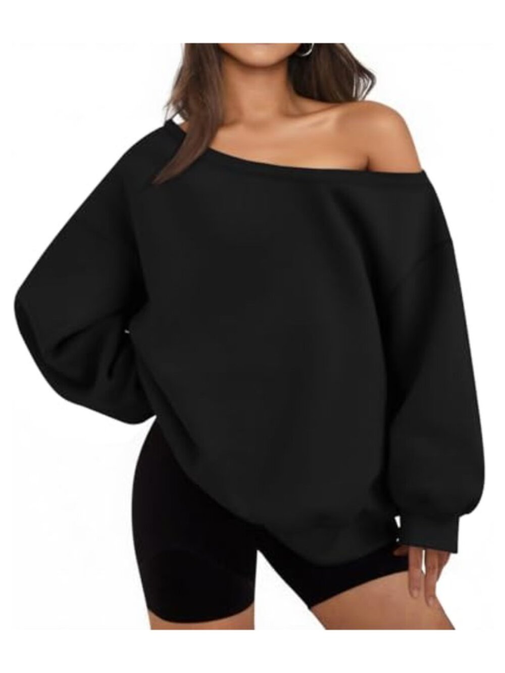 Oversized Off Shoulder Fleece Sweatshirt, Drop Shoulder Long Sleeve Pullover